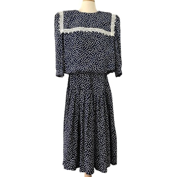 80s Puritan Collar Dress Blouson Drop Waist 3/4 Sleeve Navy White Act II Size 16 - Picture 1 of 12